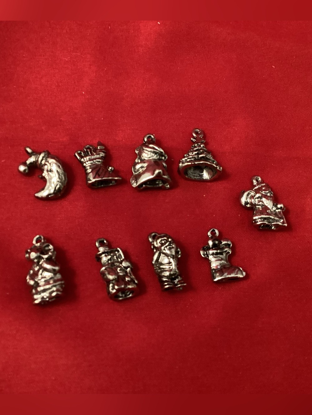 Silver tone metallic Holiday Charm Lot - Santa, Stocking, Tree